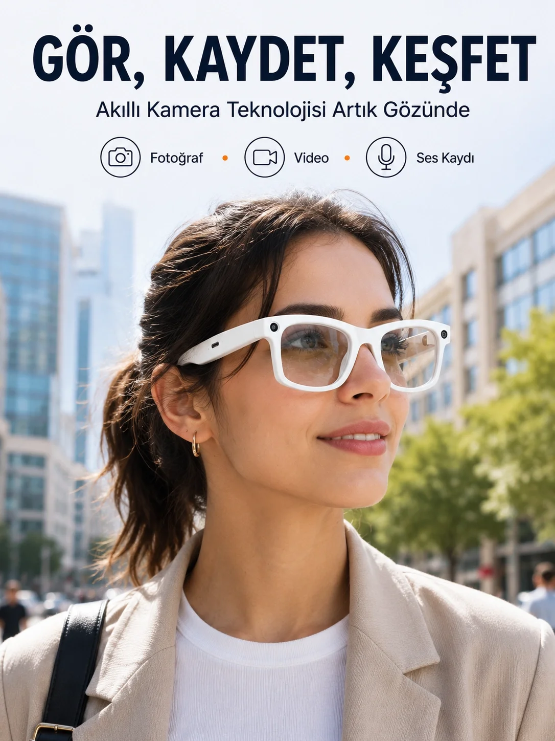 Beyaz Akıllı Kamera Gözlüğü Fotoğraf Video Çekimli Bluetooth Aramalı AI Destekli 3 Değiştirilebilir Lensli Beyaz Akıllı Kamera Gözlüğü Fotoğraf Video Çekimli Bluetooth Aramalı AI Destekli 3 Değiştirilebilir Lensli