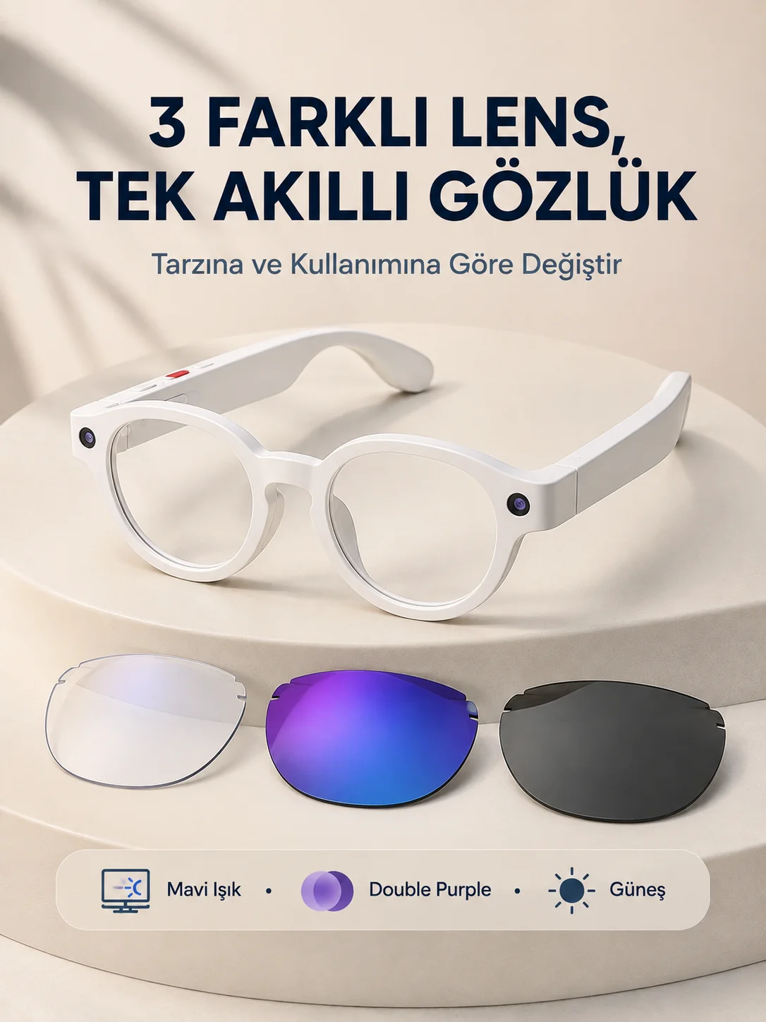 Beyaz Akıllı Kamera Gözlüğü Fotoğraf Video Çekimli Yapay Zeka Destekli Bluetooth Çoklu Dil Çeviri 3 Lensli Fiyatı, Yorumları ve Özellikleri