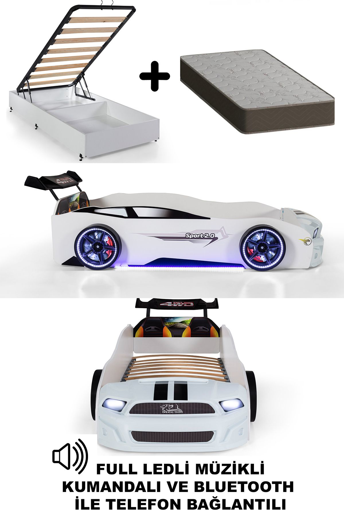 Ferramini Beyaz Arabalı Yatak Sport Mst Full Ledli Kumandalı Baza Ortopedik