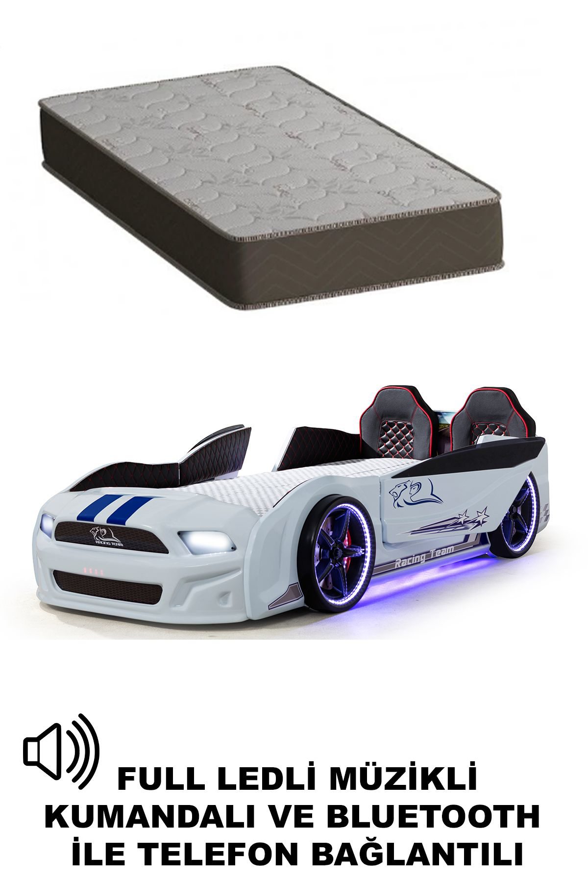 Ferramini Beyaz Arabalı Yatak Kapıları Açılan Mustang Full Ledli Kumandalı 