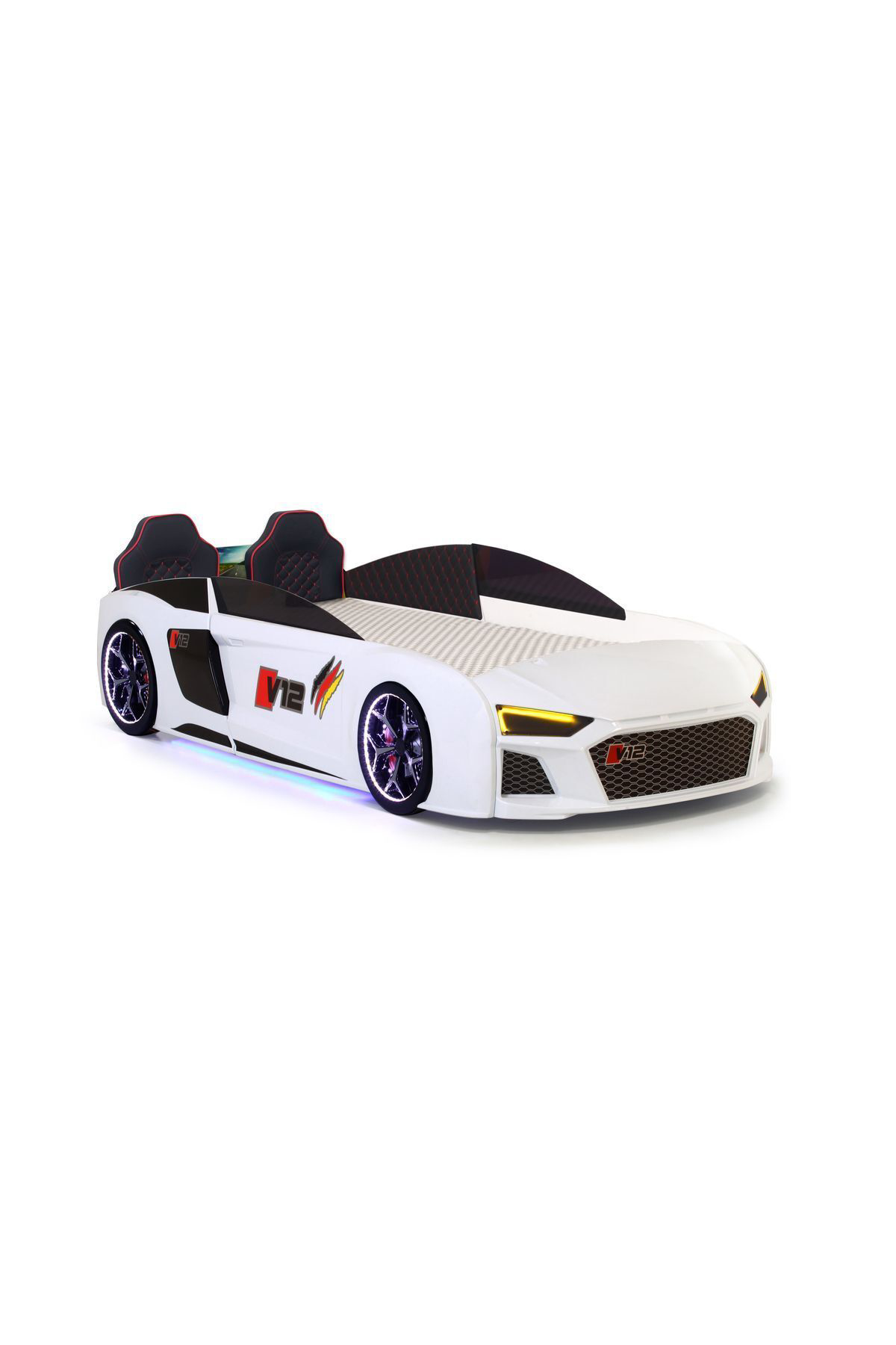 Ferramini Beyaz Arabali Yatak V12 Audi Full Ledli Kumandali Ve Müzikli