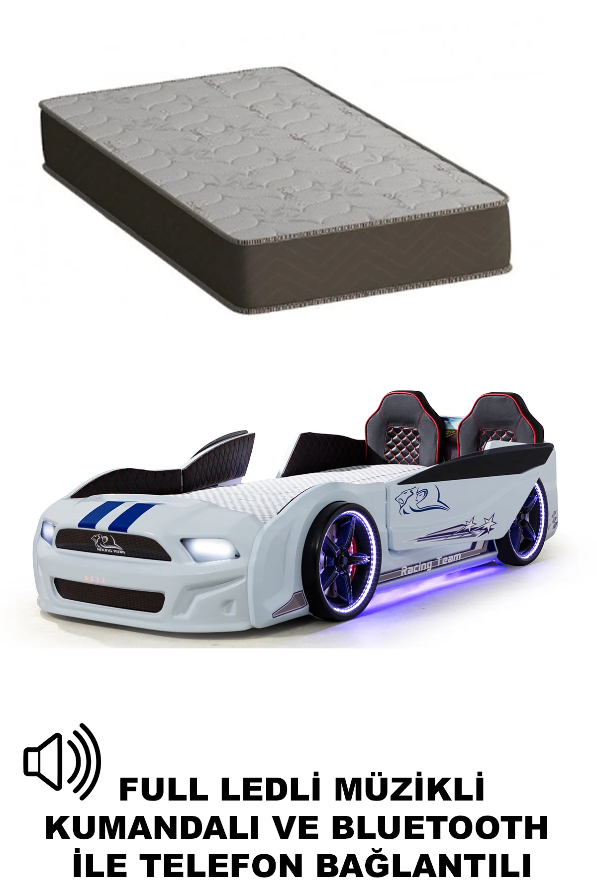 Beyaz Arabalı Yatak Kapıları Açılan Mustang Full Ledli Kumandalı 