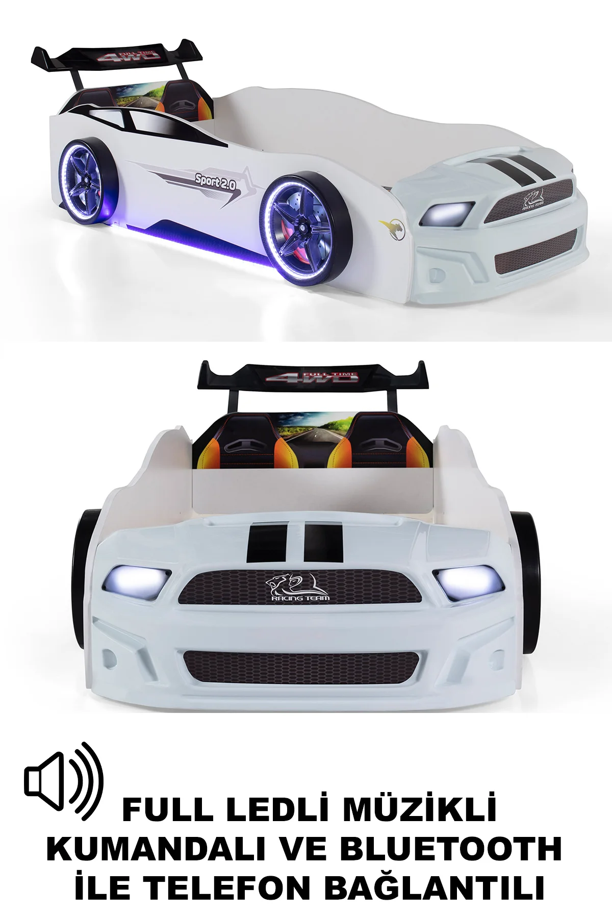 Beyaz Arabalı Yatak Sport Mst Full Ledli Kumandalı ve Müzikli