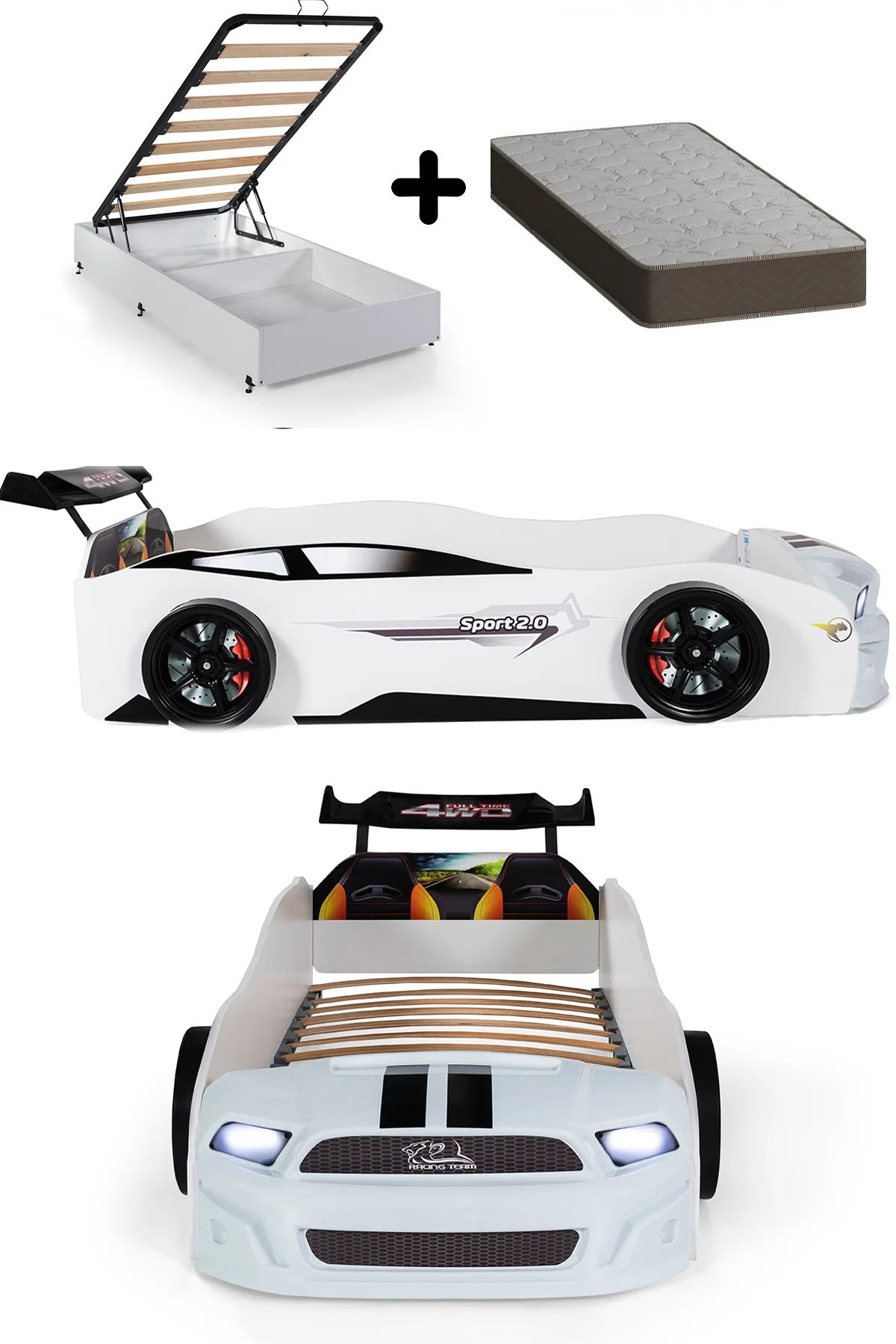 Beyaz Arabalı Yatak Sport Mst Işıklı Baza Ortopedik Yatak