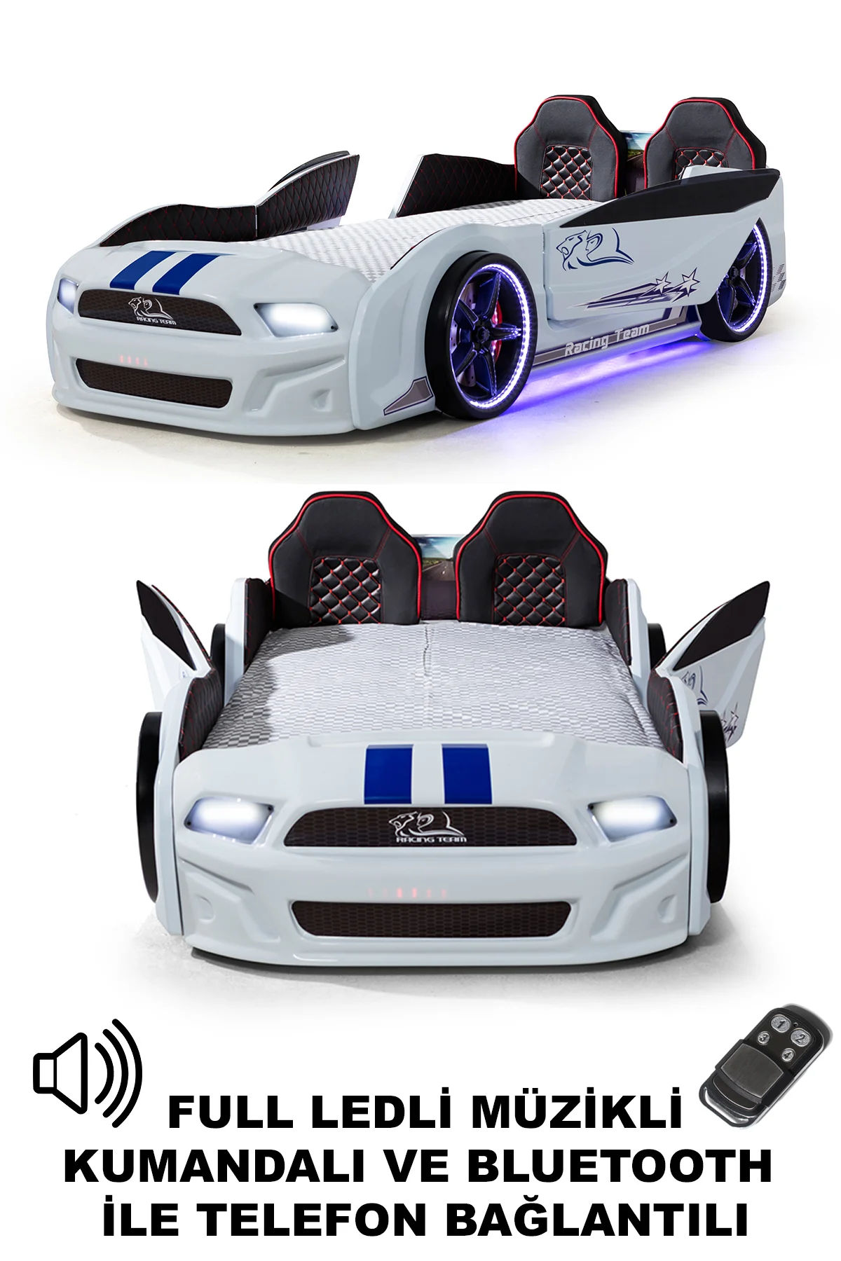 Beyaz Arabalı Yatak Kapıları Açılan Mustang Full Ledli Kumandalı ve Müzikli