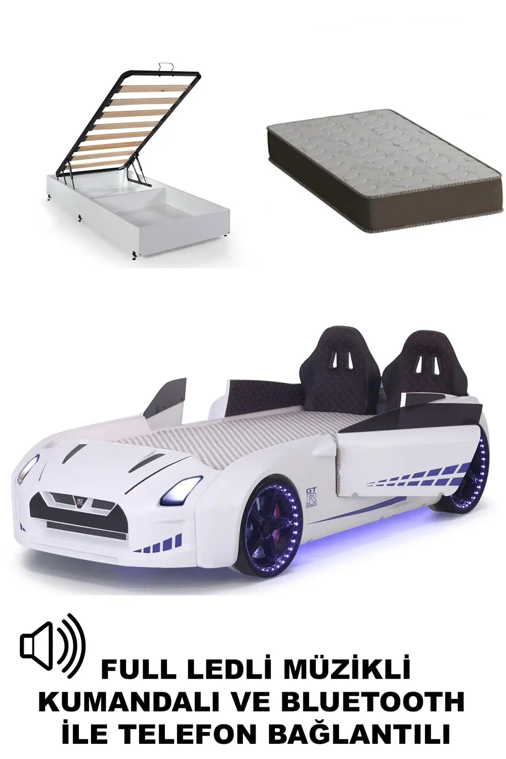 Beyaz Arabalı Yatak Kapıları Açılan GTR Full Ledli Kumandalı ve M