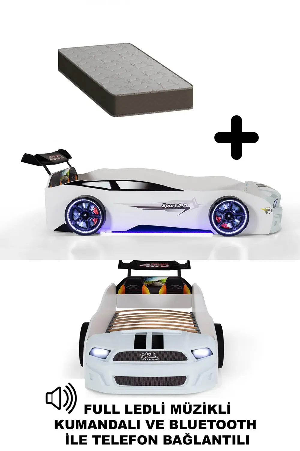 Beyaz Arabalı Yatak MST Full Ledli Kumandalı + Ortopedik Yatak