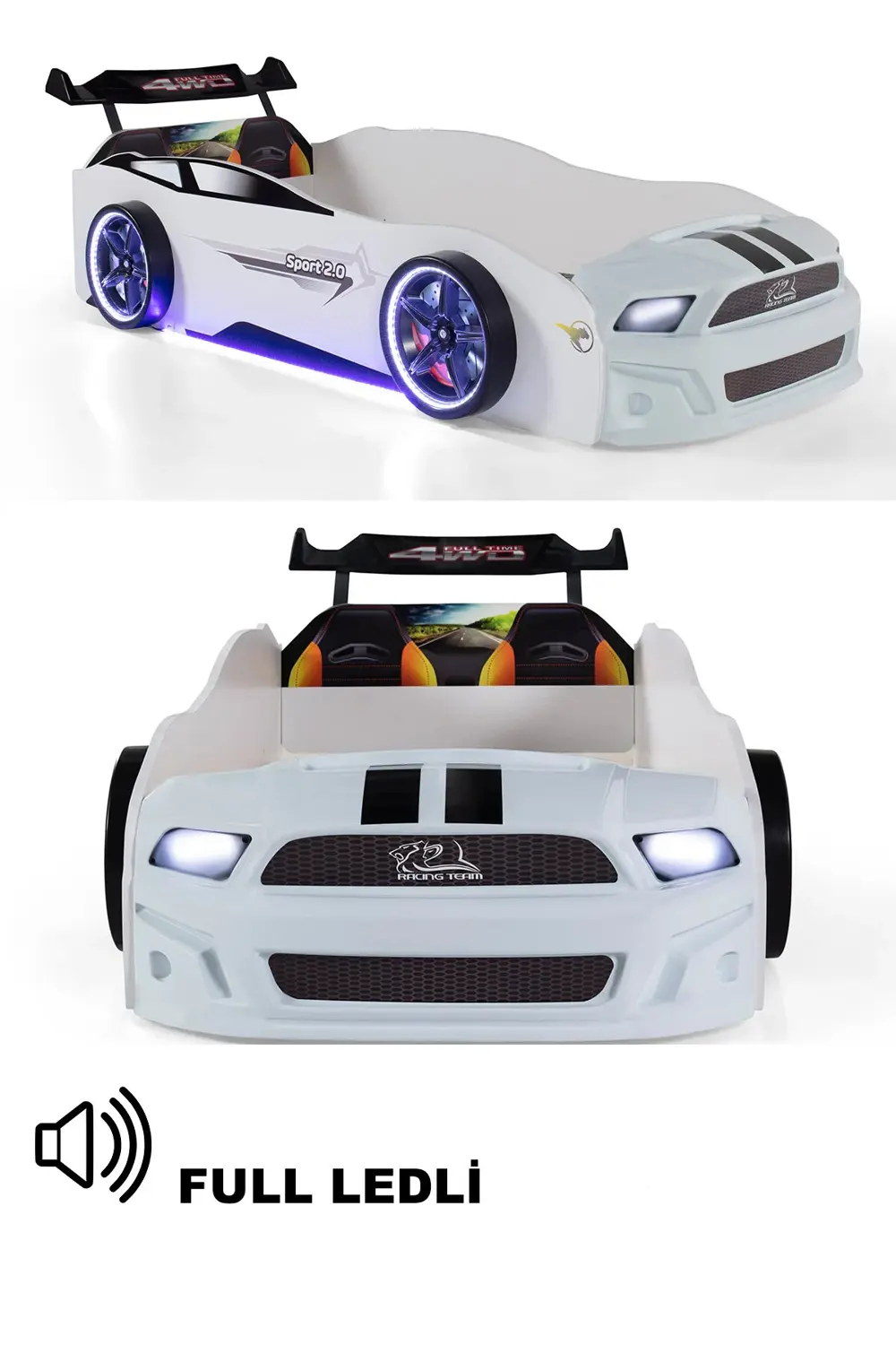 Beyaz Arabalı Yatak Sport Mst Full Ledli Işıklı