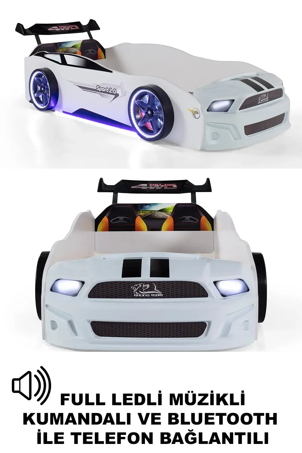 Beyaz Arabalı Yatak Sport Mst Full Ledli Kumandalı ve Müzikli