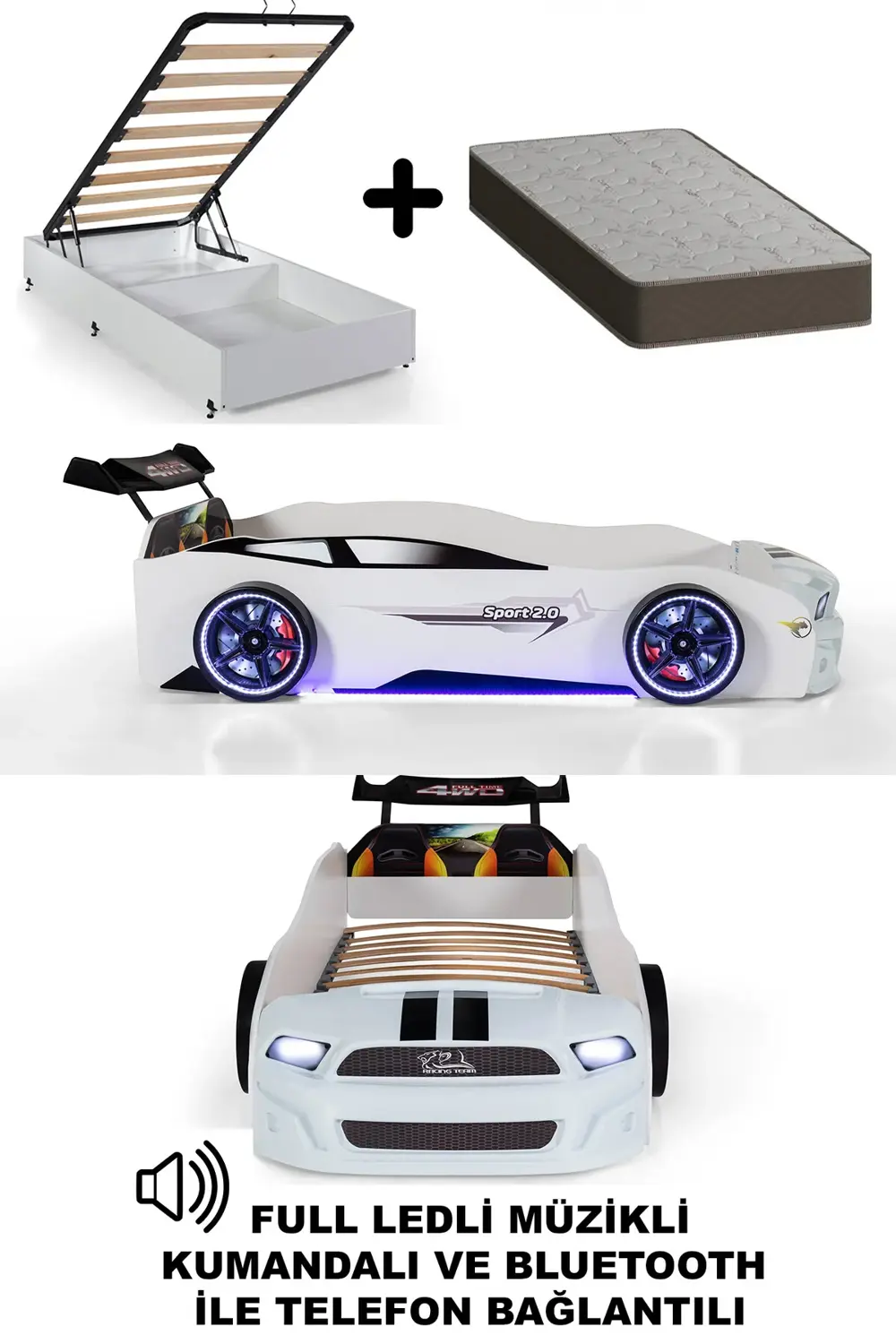 Beyaz Arabalı Yatak Sport Mst Full Ledli Kumandalı Baza Ortopedik