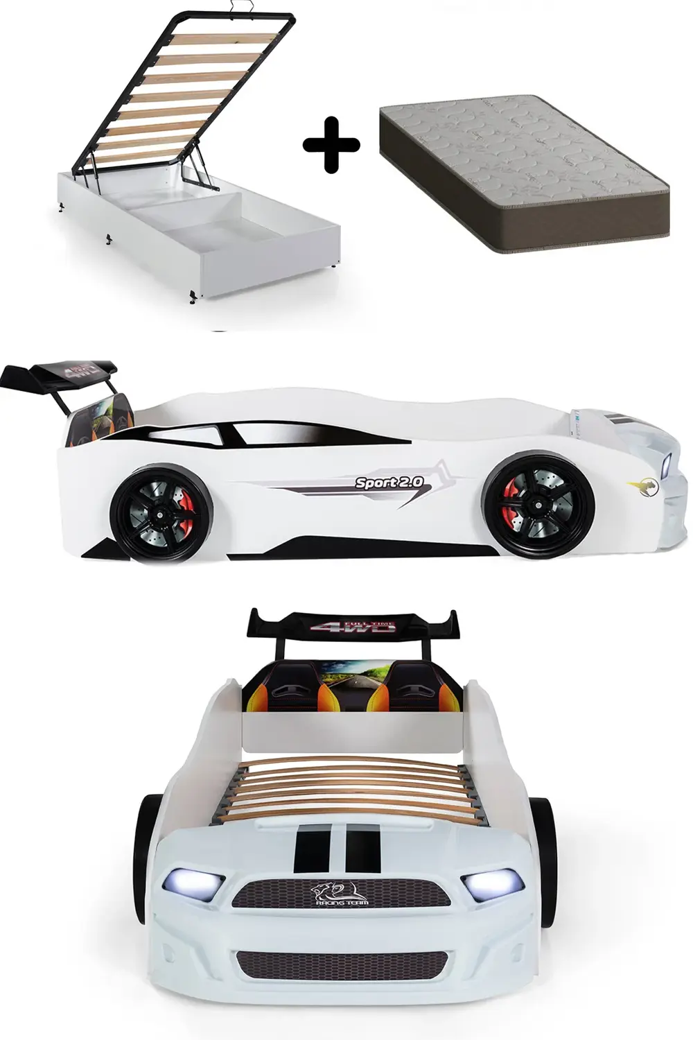 Beyaz Arabalı Yatak Sport Mst Işıklı Baza Ortopedik Yatak