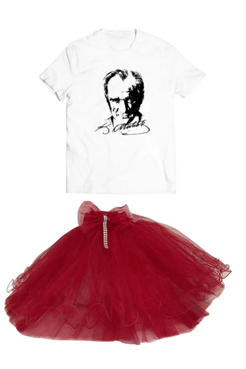 Beyaz Atatürk Baskılı Tişört Kırmızı Tütü Etek