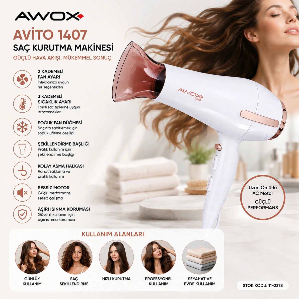 BEYAZ AVİTO SAÇ KURUTMA MAKİNESİ 2200W 1407 (4741)