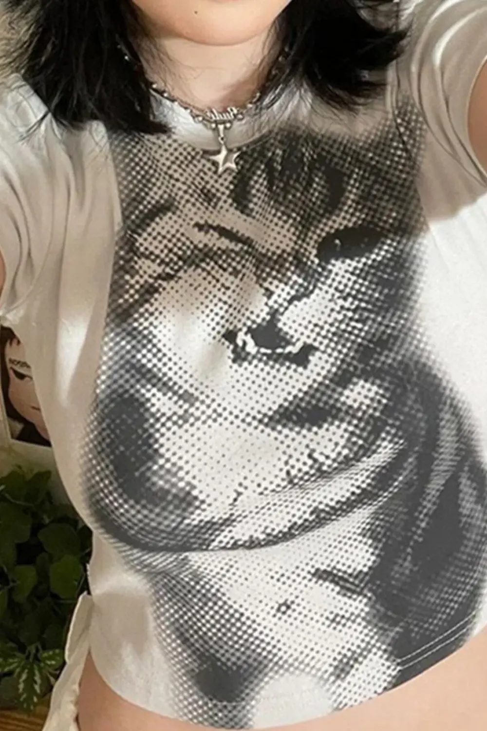 Beyaz Baby Cat Gotik Y2K Kısa Kollu Crop