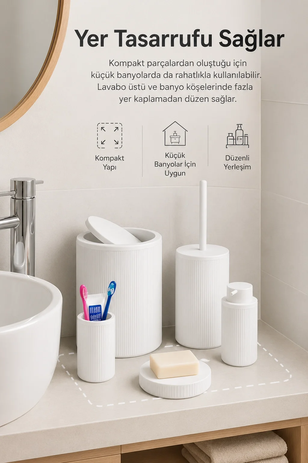 Beyaz Banyo Düzenleyici Set 5 Parça Çöp Kovası Tuvalet Fırçası Sa