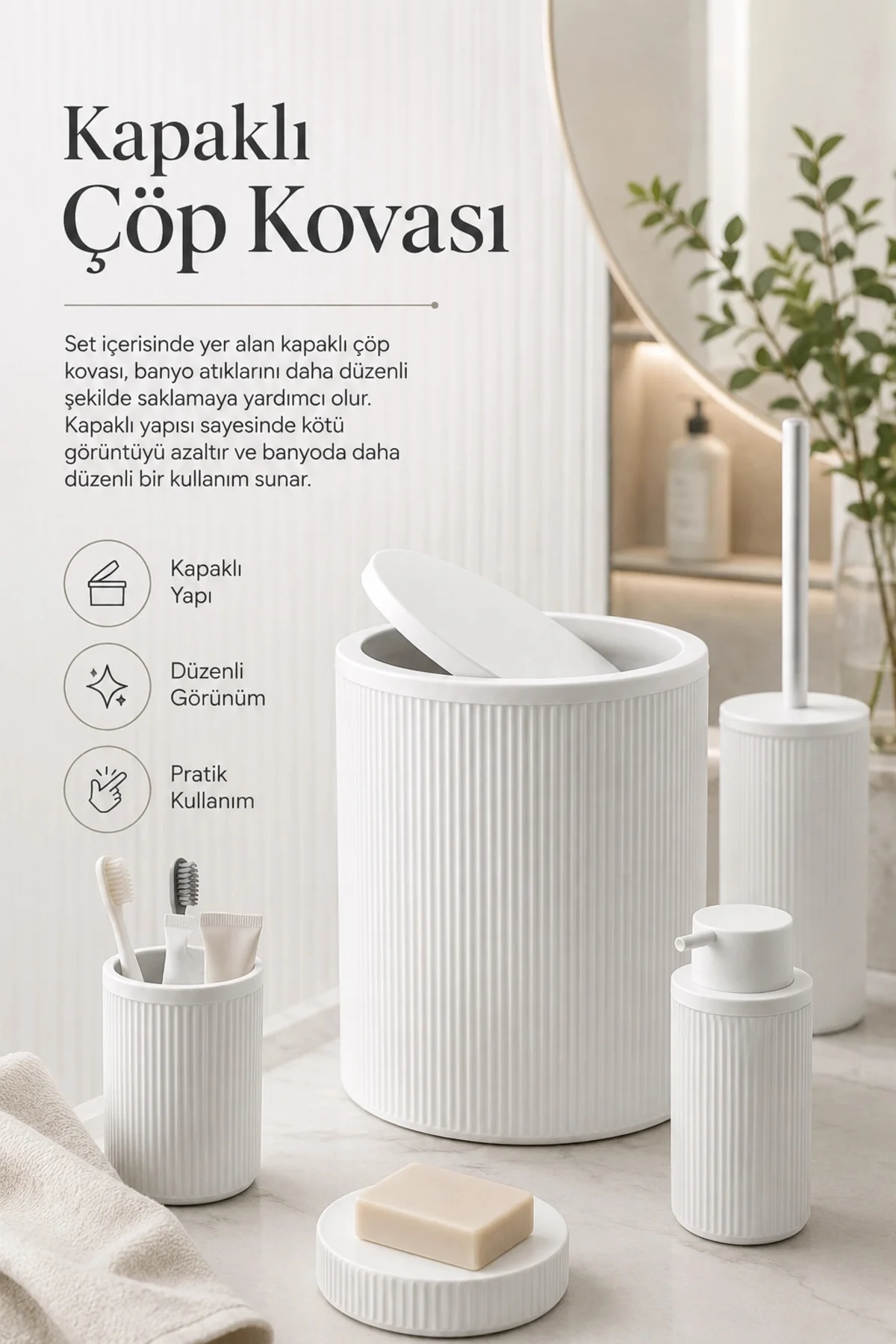 Beyaz Banyo Düzenleyici Set 5 Parça Çöp Kovası Tuvalet Fırçası Sa