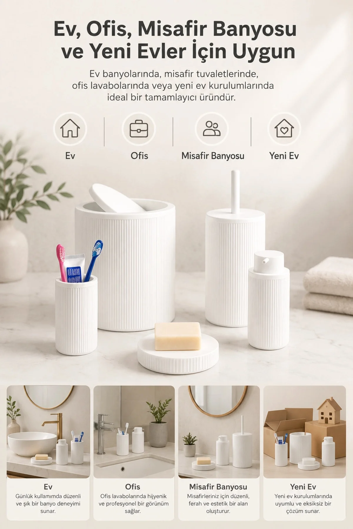 Beyaz Banyo Düzenleyici Set 5 Parça Çöp Kovası Tuvalet Fırçası Sa