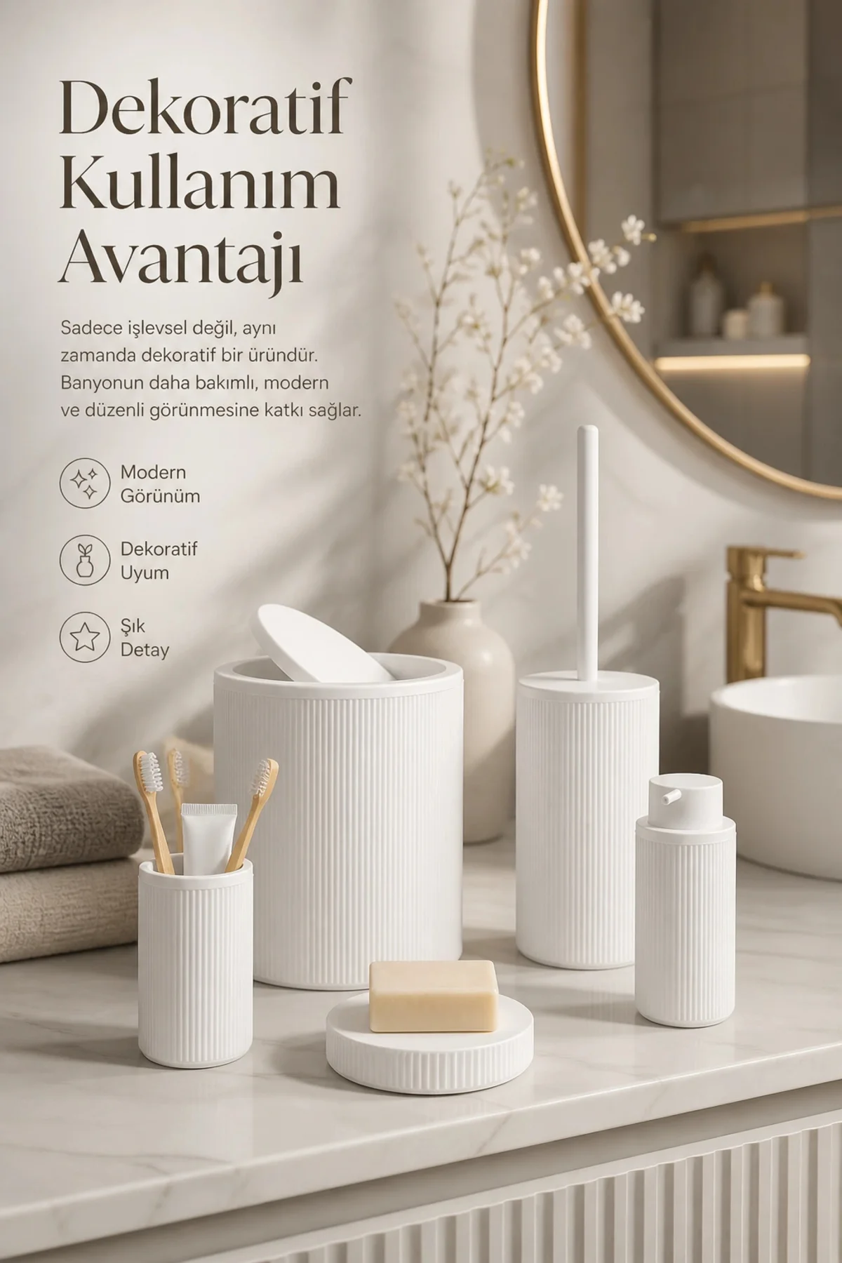 Beyaz Banyo Düzenleyici Set 5 Parça Çöp Kovası Tuvalet Fırçası Sa