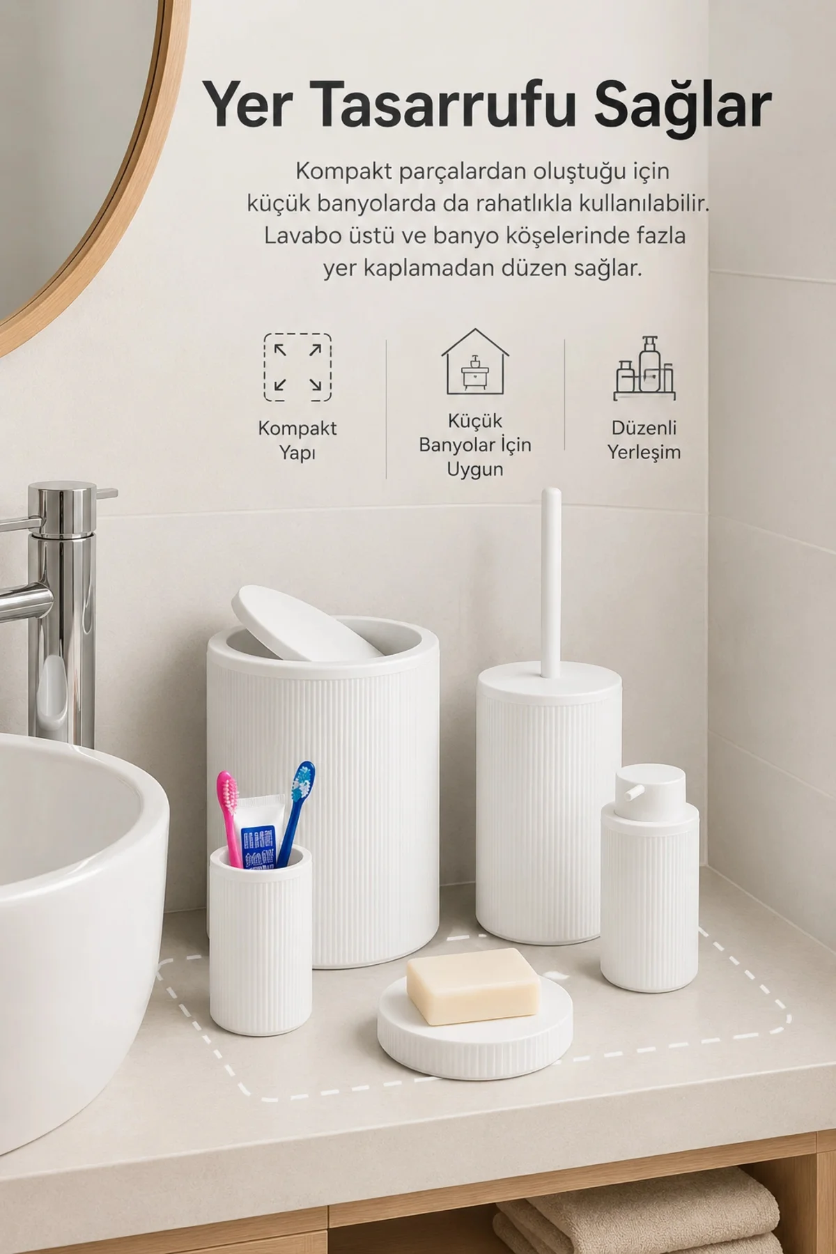 Beyaz Banyo Düzenleyici Set 5 Parça Çöp Kovası Tuvalet Fırçası Sa
