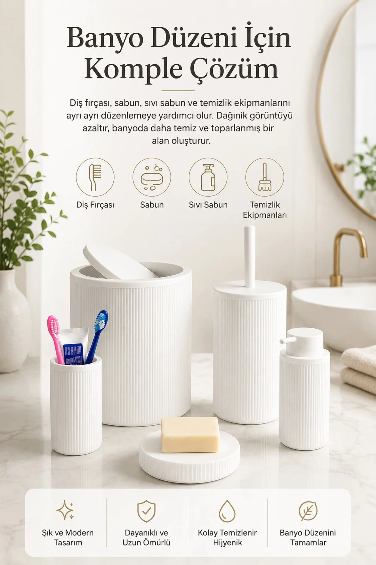 Beyaz Banyo Düzenleyici Set 5 Parça Çöp Kovası Tuvalet Fırçası Sa