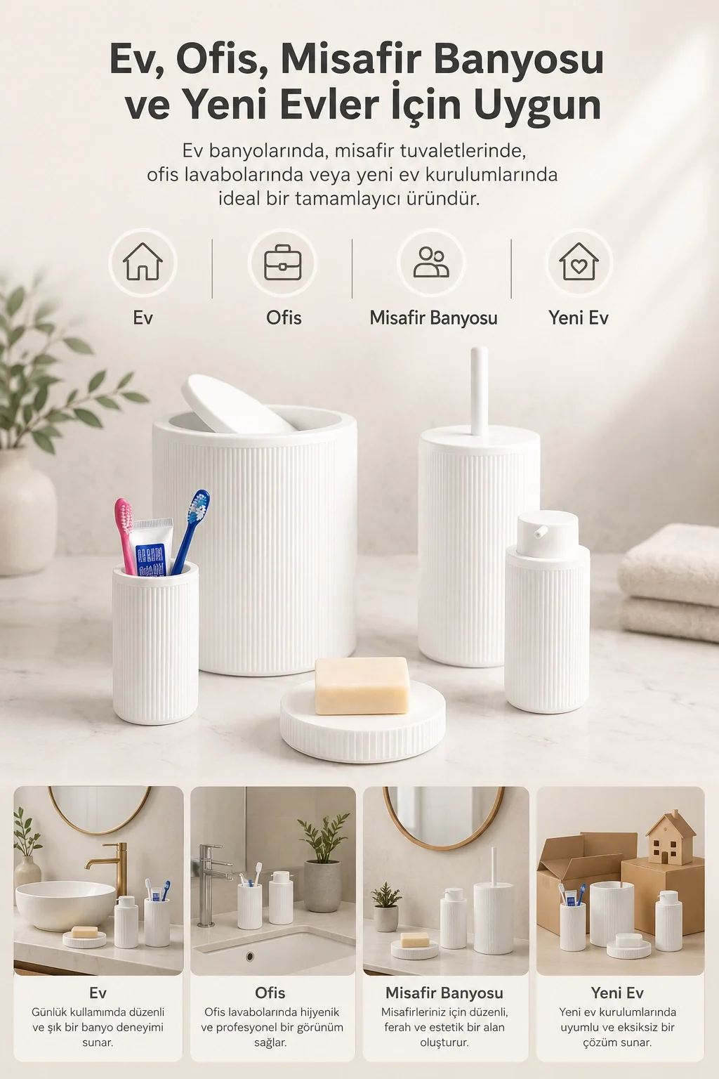 Beyaz Banyo Düzenleyici Set 5 Parça Çöp Kovası Tuvalet Fırçası Sabunluk Fırçalık