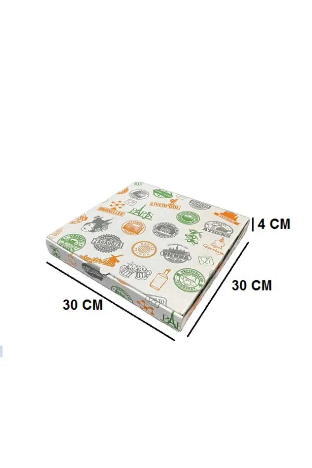Beyaz Baskılı Mukavemetli Pizza Kutusu 30x30x4 Cm E Dalga 100 Ade