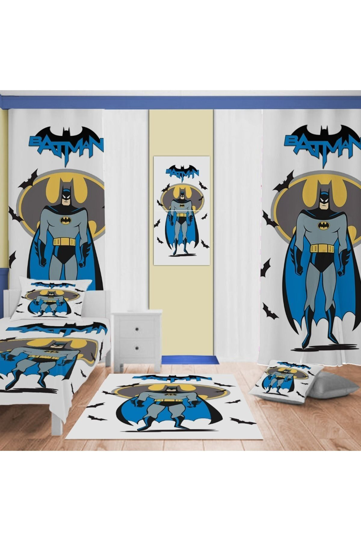 Evan Home Beyaz Batman Desenli Çocuk Odasi Takim Perde (İki Kanat),Yatak Örtüsü,Yastik,Kirlent ,Hali,Tablo