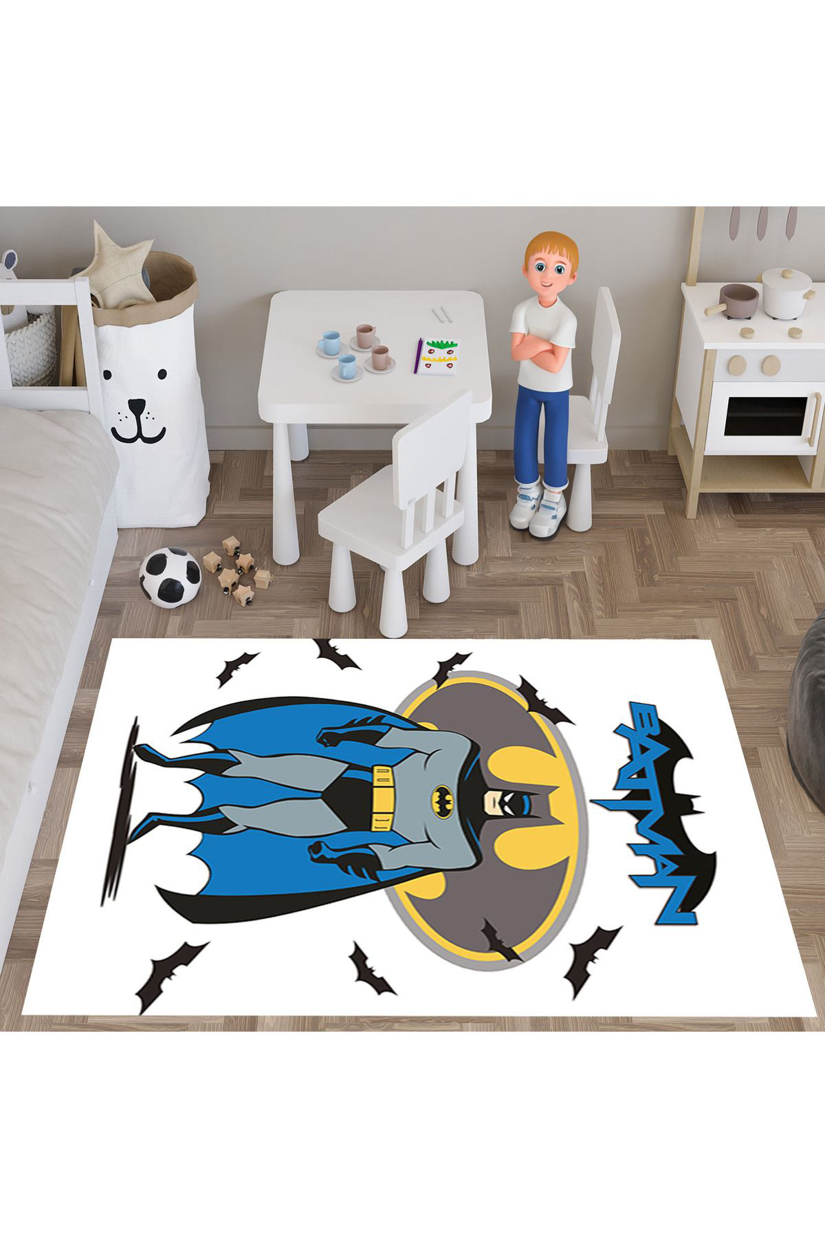Evan Home Beyaz Batman Desenli  Dijital Baski Yikanabilir Kaymaz Taban Çocuk Odasi Halisi