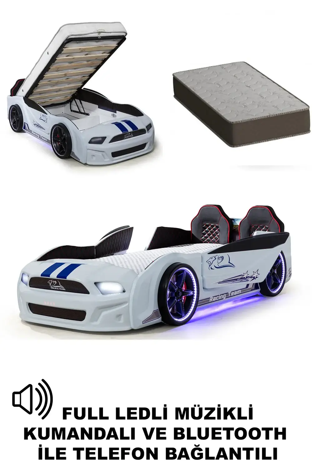 Beyaz Bazalı Arabalı Yatak Kapıları Açılan Mustang Full Ledli Kum