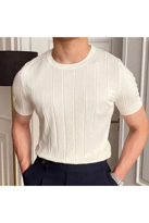 Beyaz Bisiklet Yaka Triko Erkek T-shirt - BEYAZ