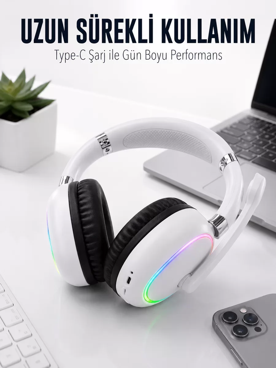 Beyaz Bluetooth 5.0 Mikrofonlu Kablosuz Kulak Üstü Kulaklık RGB I