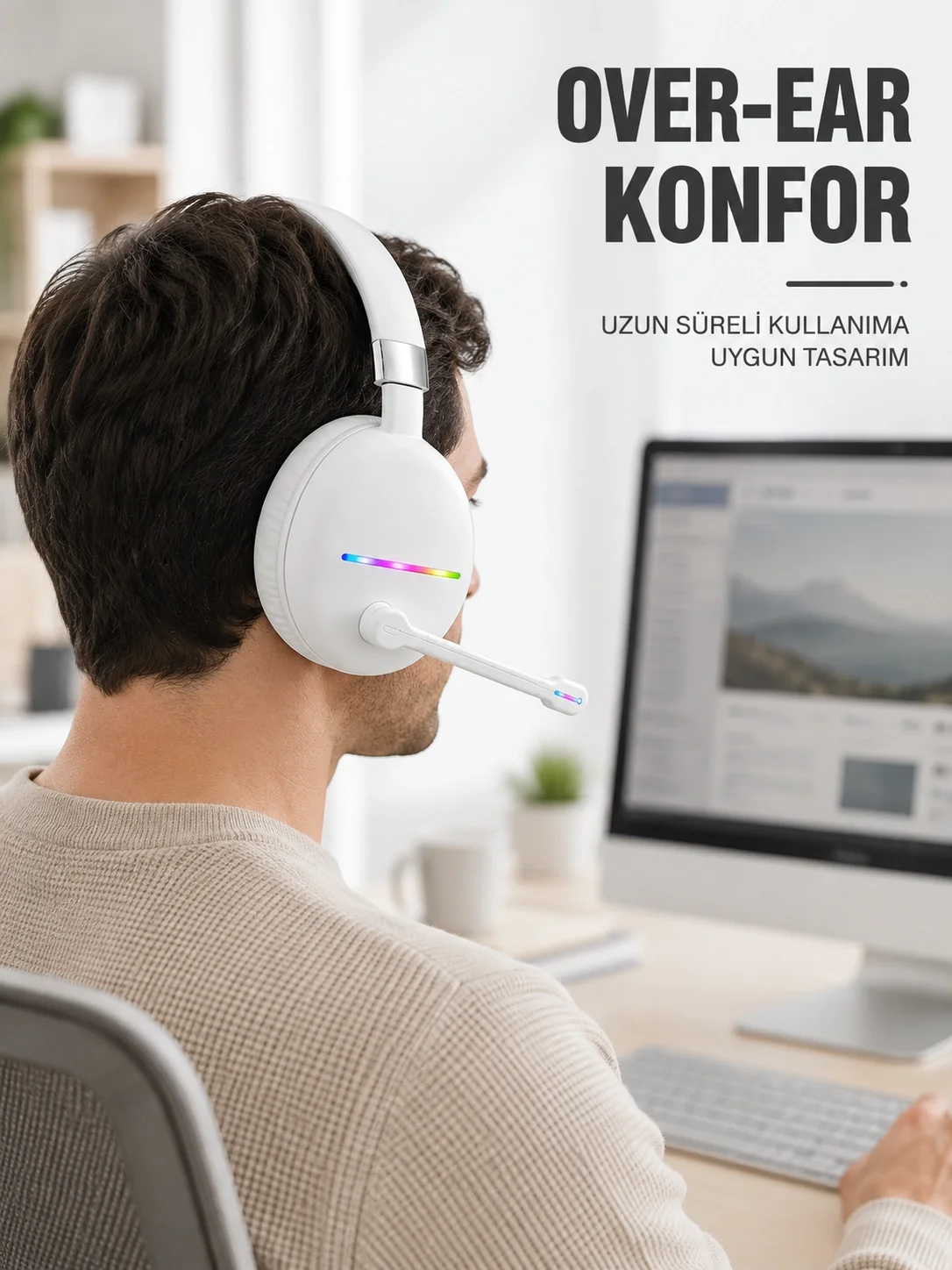 Beyaz Bluetooth 5.0 Mikrofonlu Kablosuz Kulak Üstü Kulaklık RGB Işıklı Type-C Şarjlı Beyaz Bluetooth 5.0 Mikrofonlu Kablosuz Kulak Üstü Kulaklık RGB Işıklı Type-C Şarjlı