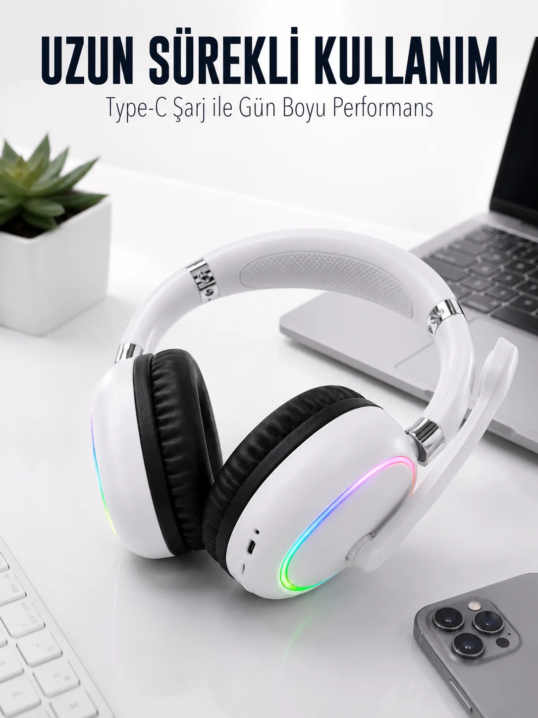Beyaz Bluetooth 5.0 Mikrofonlu Kablosuz Kulak Üstü Kulaklık RGB Işıklı Type-C Şarjlı