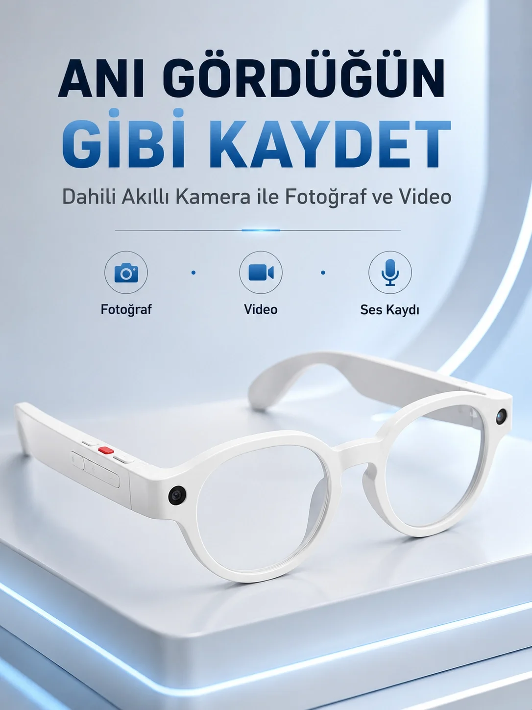 Beyaz Bluetooth Akıllı Gözlük Dahili Kameralı Fotoğraf Video Kayıt Yapay Zeka Çeviri Dokunmatik Kontrol Özellikli Beyaz Bluetooth Akıllı Gözlük Dahili Kameralı Fotoğraf Video Kayıt Yapay Zeka Çeviri Dokunmatik Kontrol Özellikli