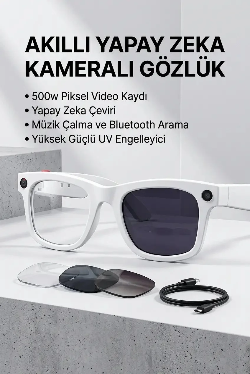 Beyaz Bluetooth Akıllı Gözlük Müzik Görüşme Kamera ve Mikrofon Öz