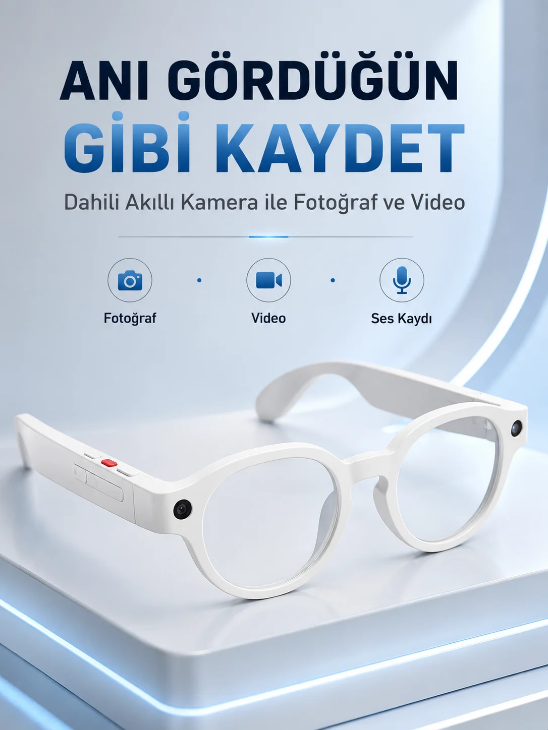 Beyaz Bluetooth Akıllı Gözlük Dahili Kameralı Fotoğraf Video Kayıt Yapay Zeka Çeviri Dokunmatik Kontrol Özellikli Fiyatı, Yorumları ve Özellikleri