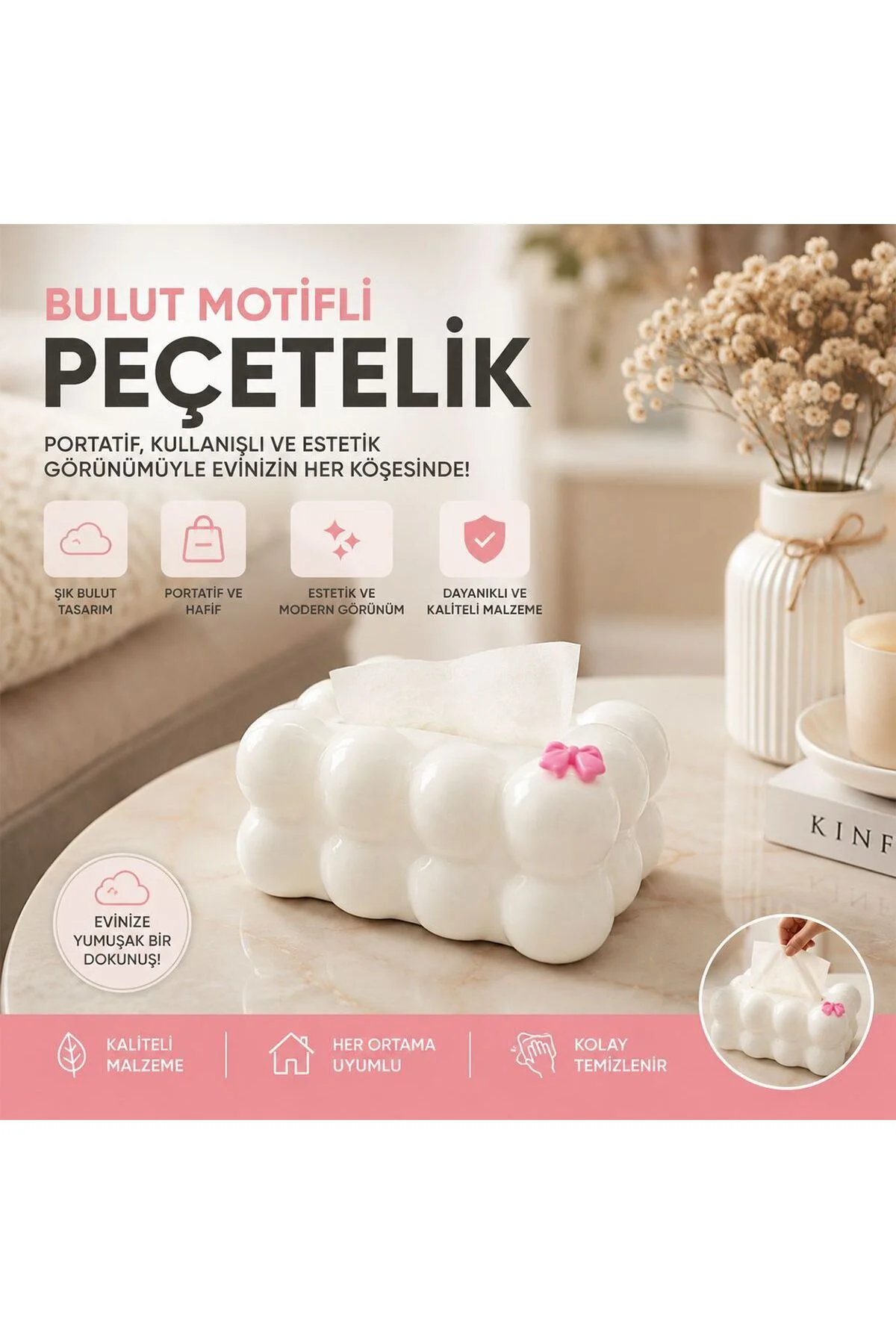 Beyaz Bulut Masaüstü Peçetelik - Yaylı Dekoratif Peçete Tutucu 19x12.5x8.5 cm - Görsel 2