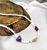 Tükkan Accessories Beyaz Cam Boncuk Nazar Ve Doğaltaş Detay Mor Fare Figür Kolye-0Ko