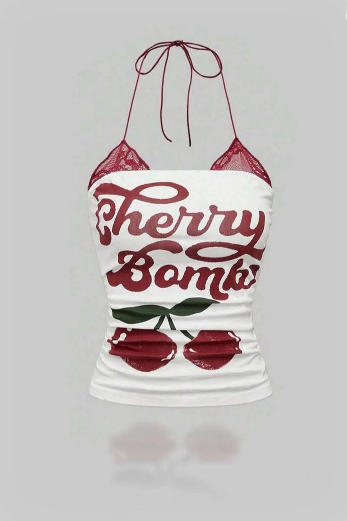 Beyaz Cherry Bomb Dantelli Ek Y2K Askılı Crop