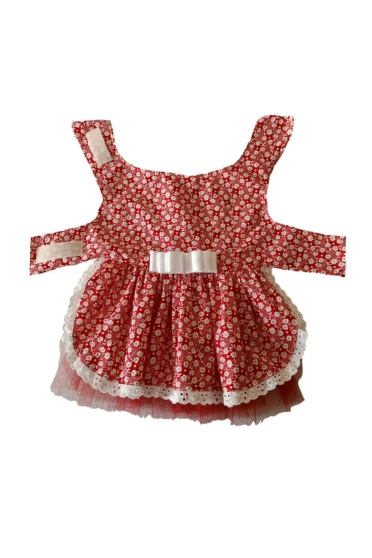 Beyaz Çiçek Desenli Fiyonklu Kırmızı Kedi Köpek Kıyafeti Elbisesi