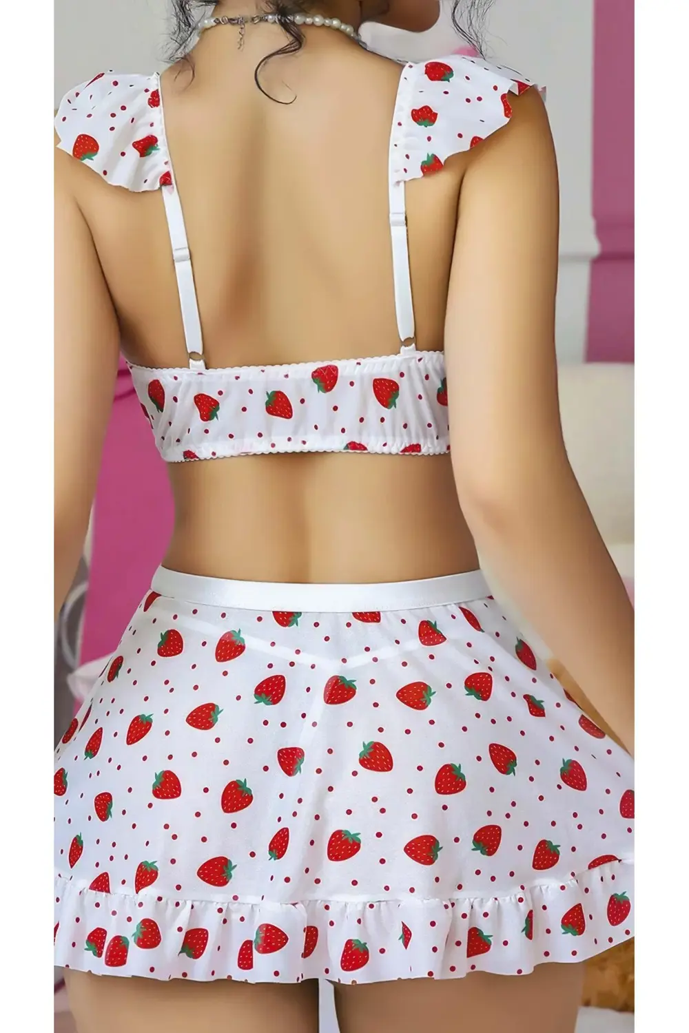 Pilelistore Beyaz Çilek Desenli Etekli Fantezi Sütyen Takım