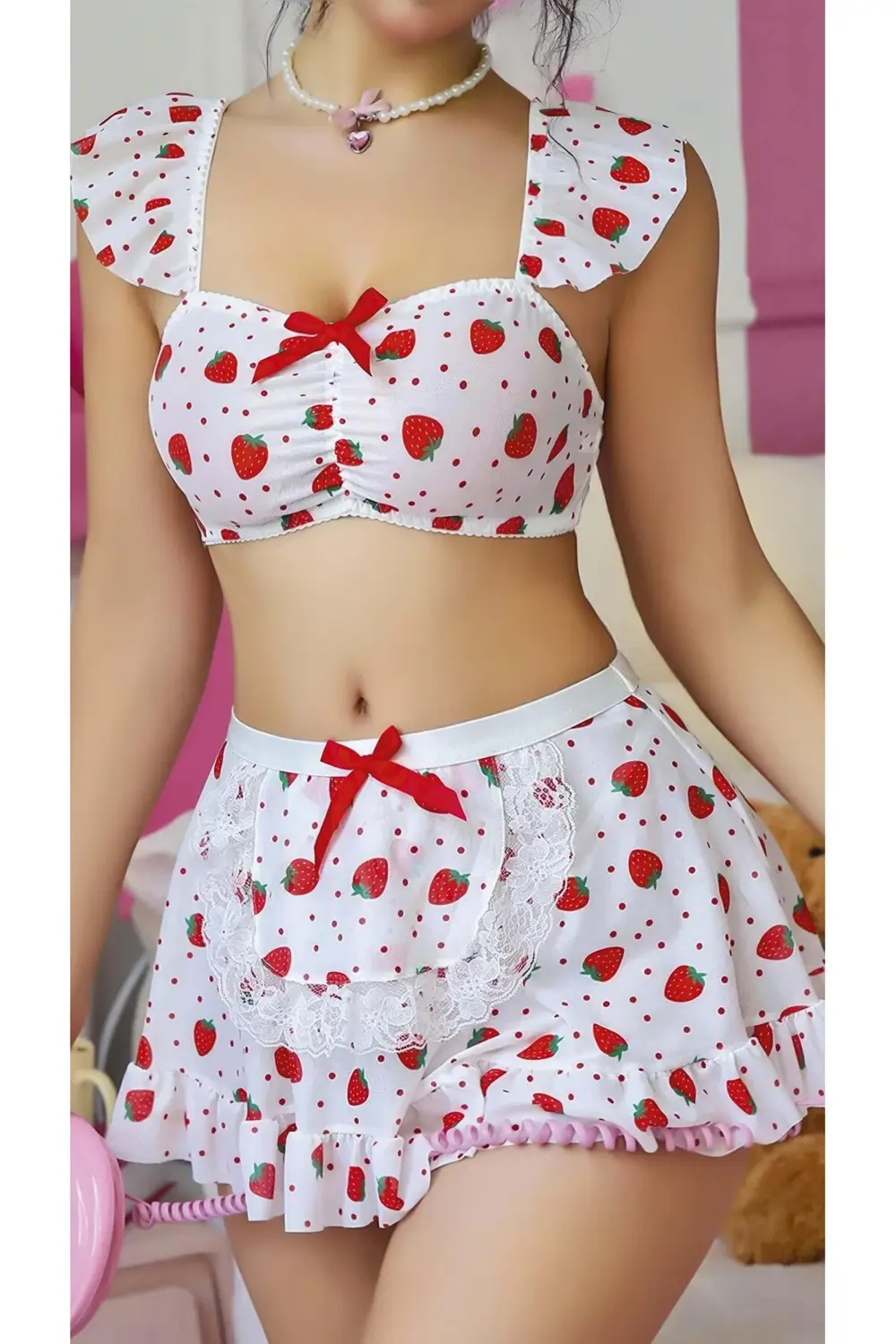 Pilelistore Beyaz Çilek Desenli Etekli Fantezi Sütyen Takım