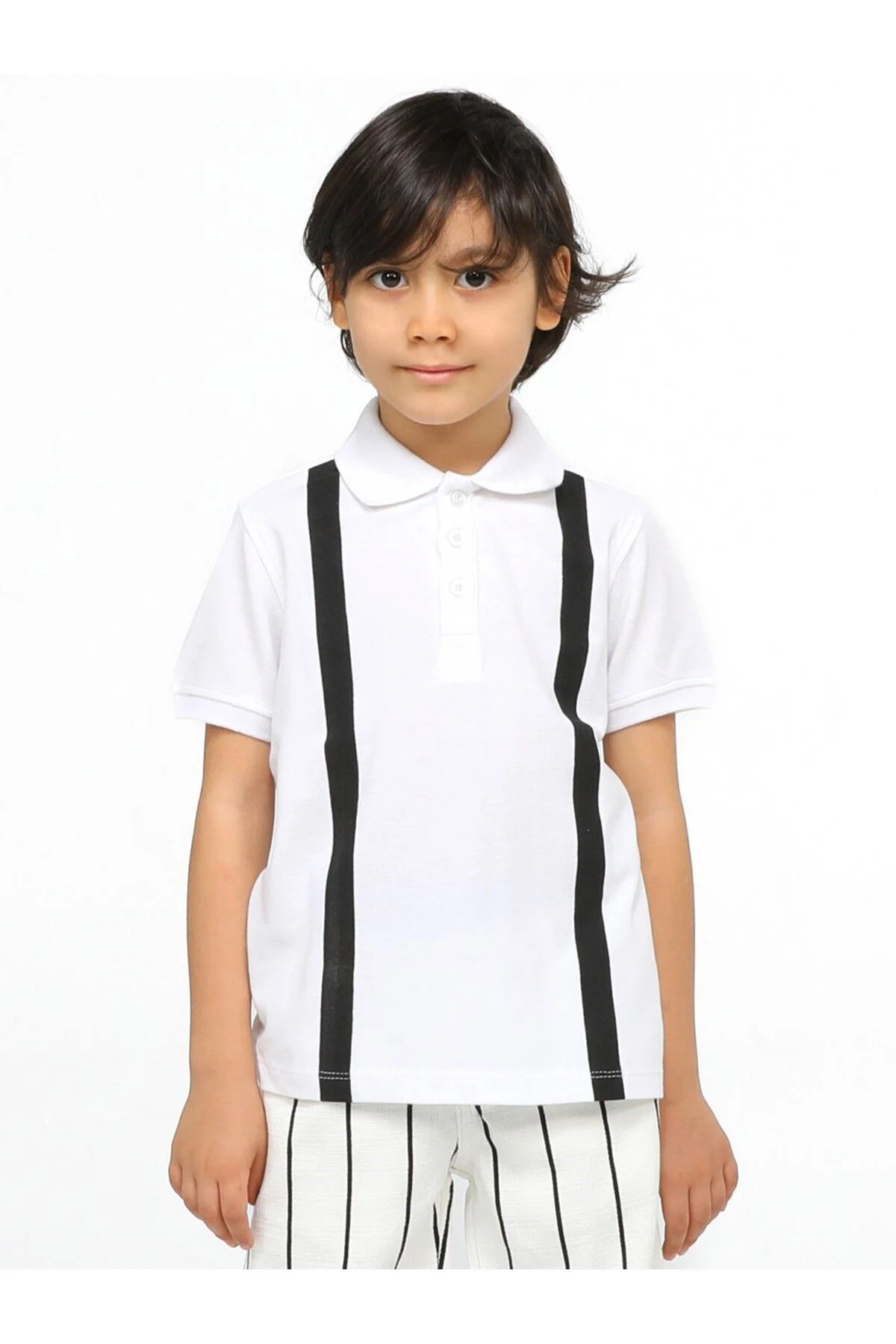 Beyaz Çizgi Desenli Polo T-shirt