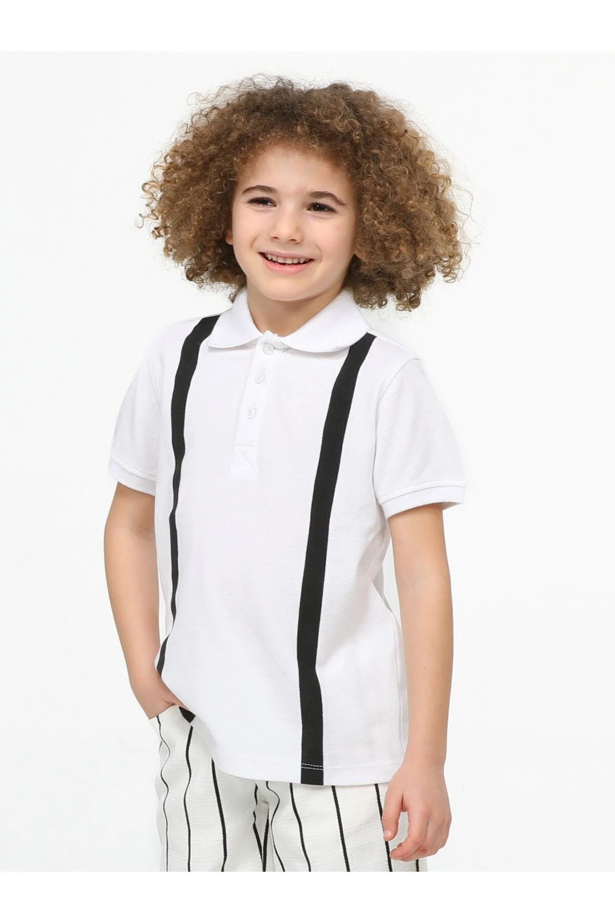 Beyaz Çizgi Desenli Polo T-shirt