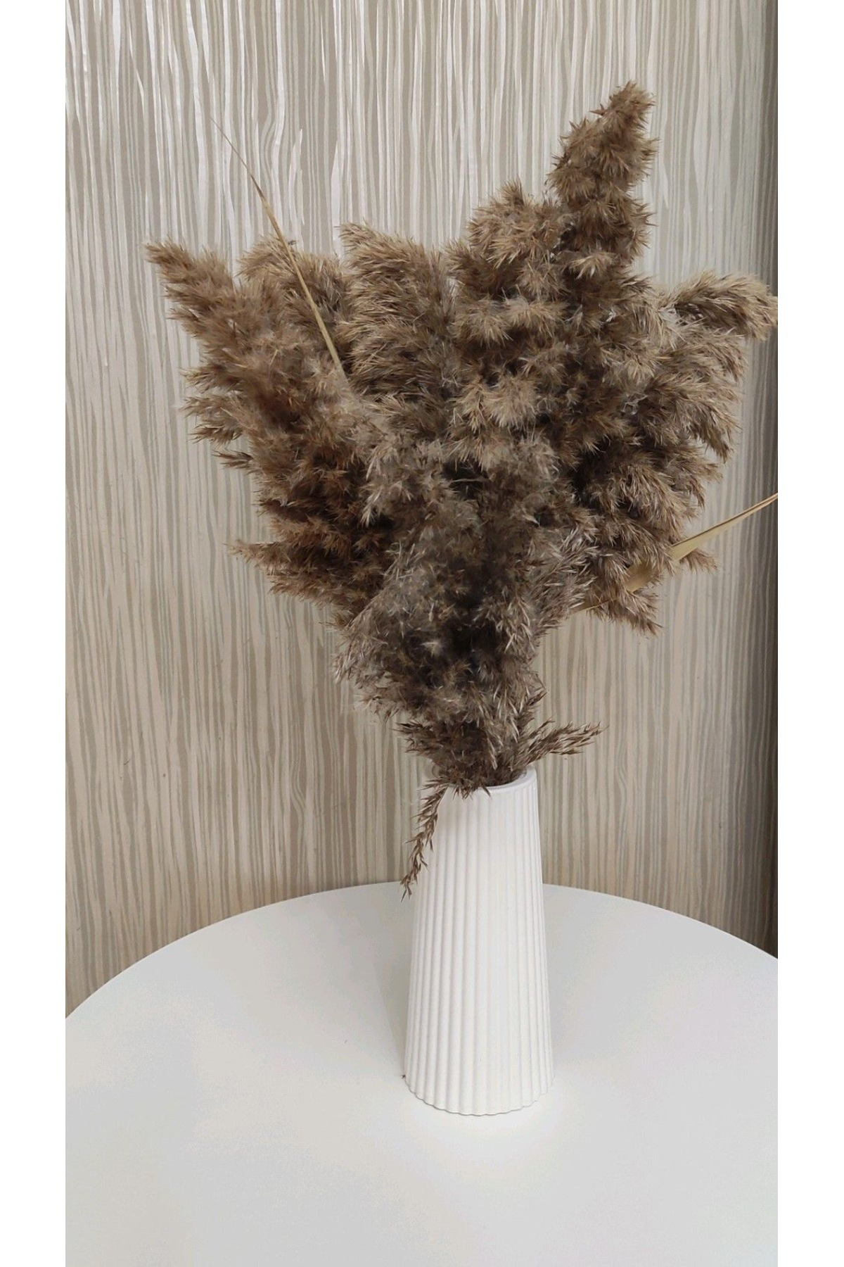 Beyaz Çizgili Büyük Boy Vazo – İskandinav Stil / Taş Tozu / 19cm