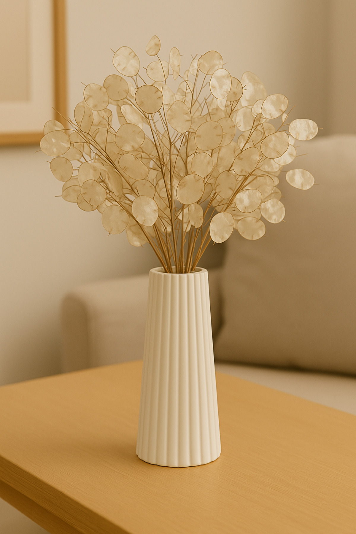 Beyaz Çizgili Büyük Boy Vazo – İskandinav Stil / Taş Tozu / 19cm