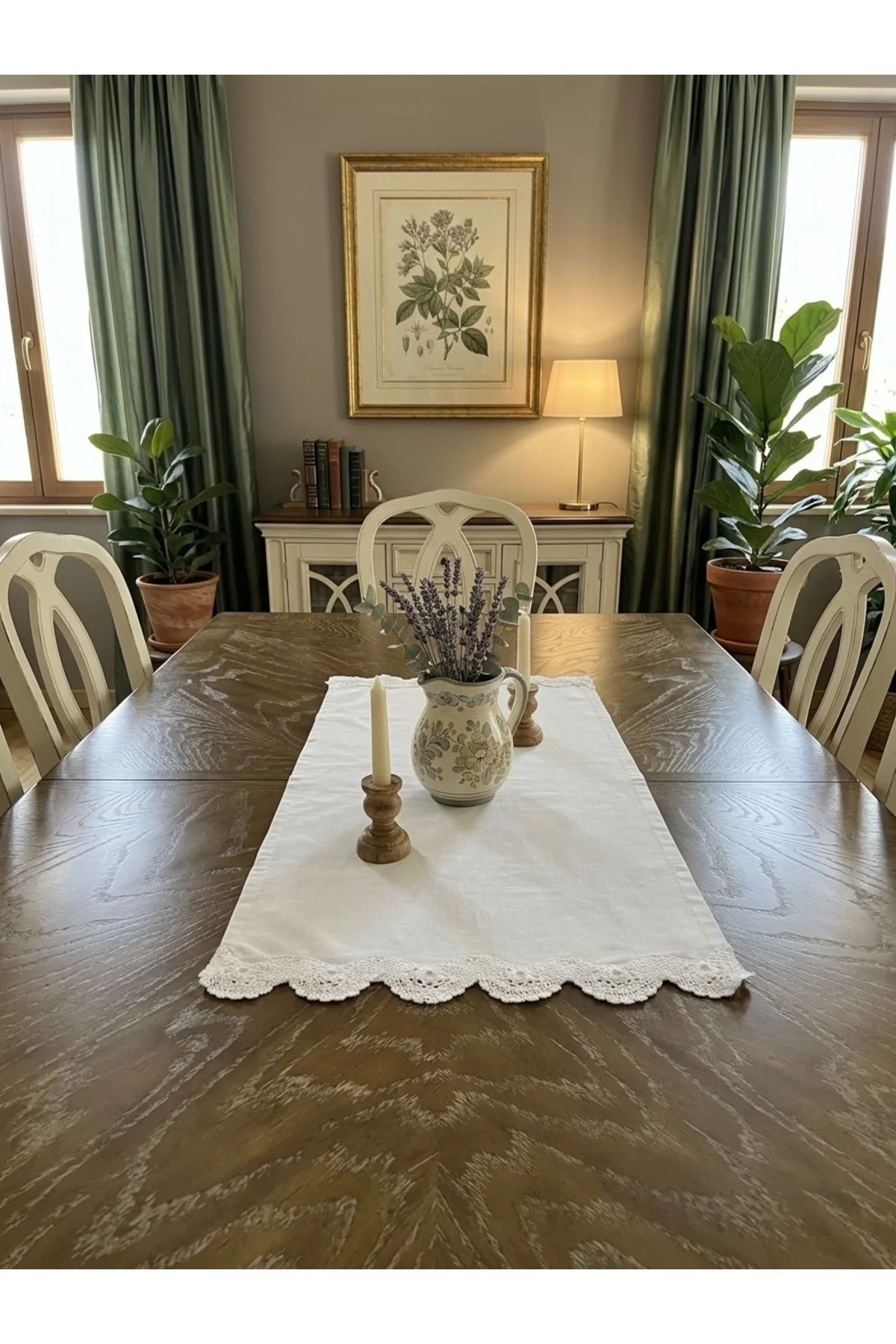 Beyaz Dantel Detaylı Masa Örtüsü Runner 90x47 cm - Fransız Güpürlü