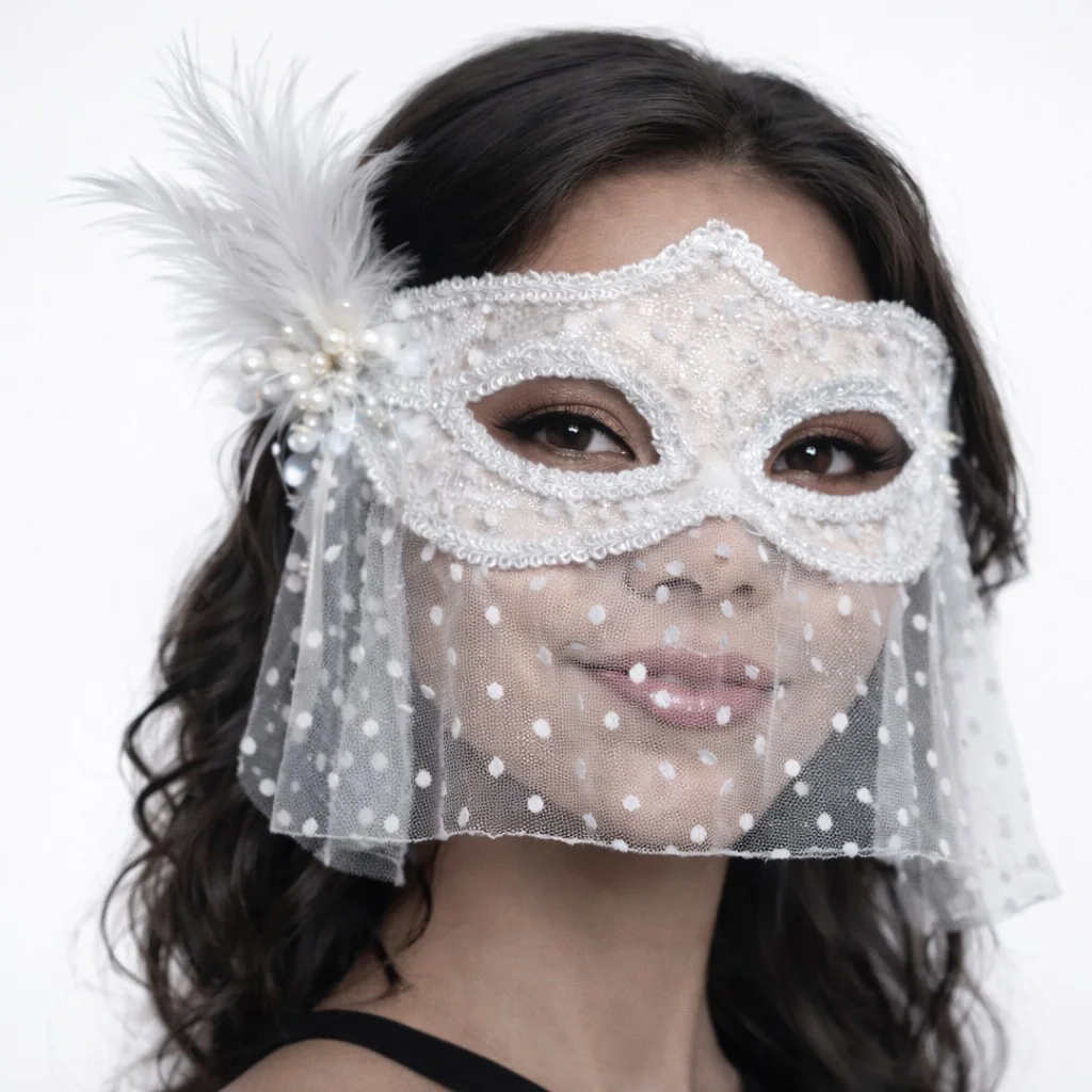 Beyaz Dantel Tüllü Parti Maskesi – İnci ve Tüylü Detaylı Maske