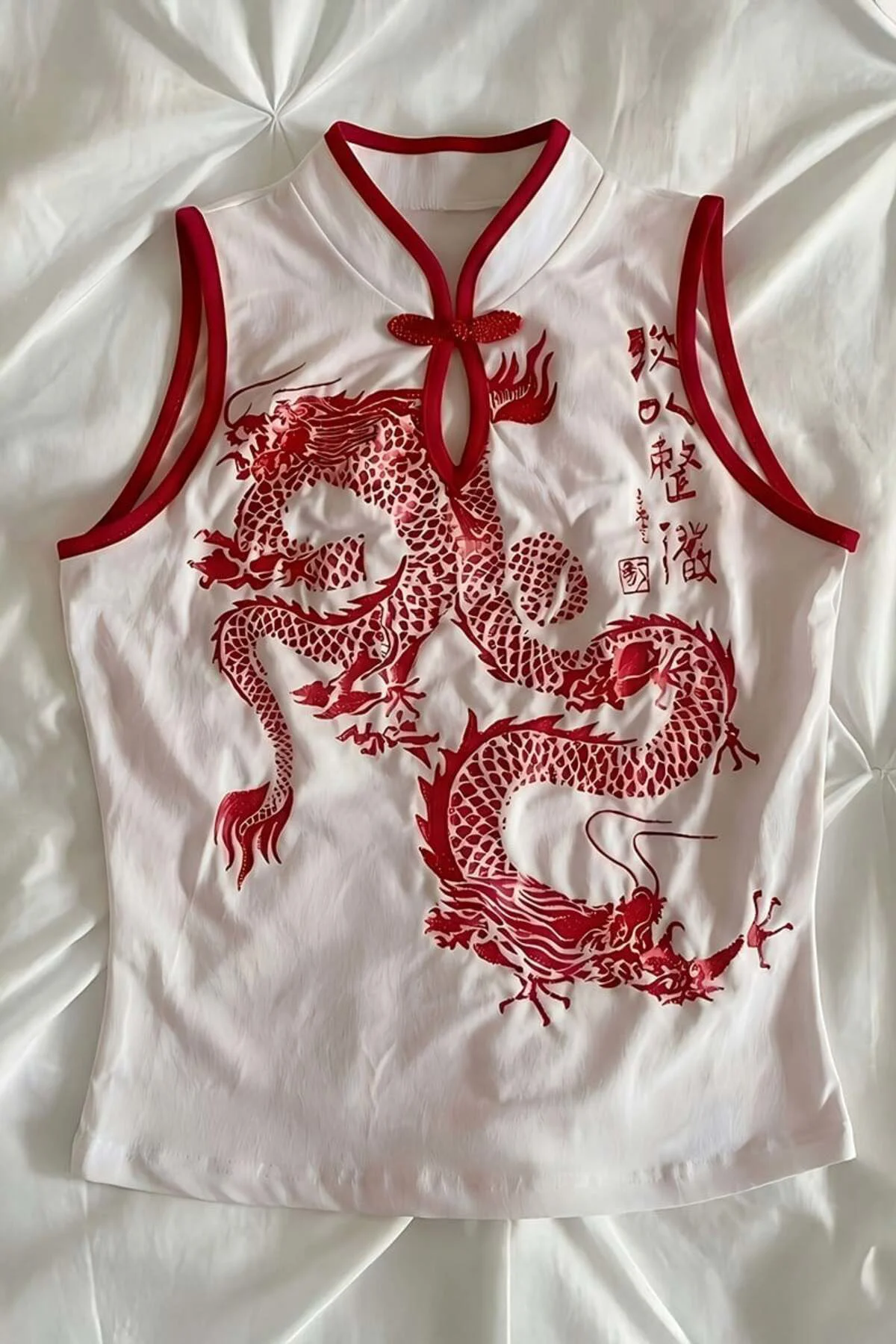 Beyaz Ejderha Motifli Kırmızı Şeritli Qipao Y2K Kısa Kollu Crop