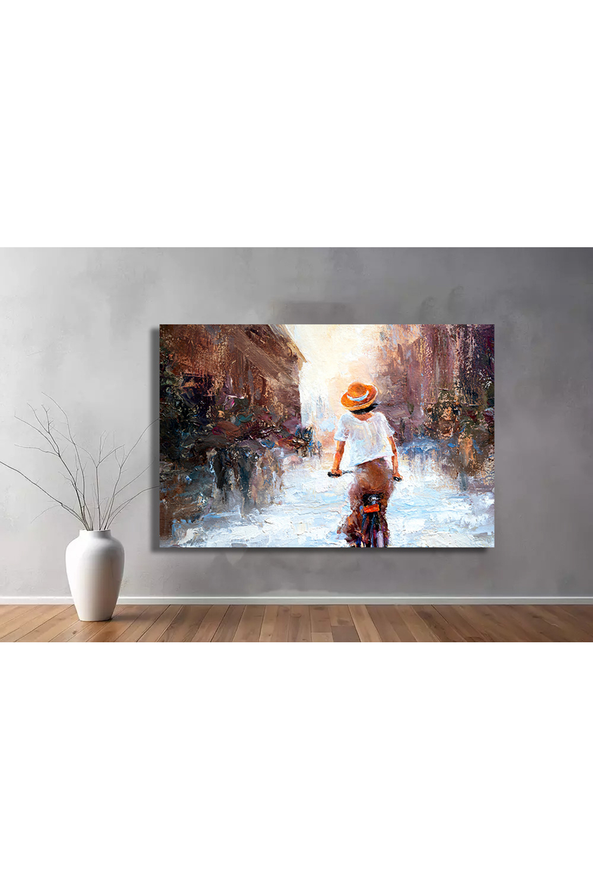 Korkmazkanvas Beyaz Elbiseli Bir Kız Bisiklete Biniyor. Kahverengi Arka Plan Üz